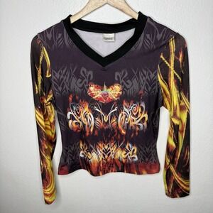 Vintage Y2K Love Amour Flame Heat Wu Gs Long Sleeve Tee Shirt Top Women's
